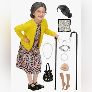 Kids Old Lady Costume for Girls Grandma Costume Dress Up 8-10 Years Old